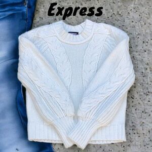 EXPRESS WOMENS CREW NECK CHUNKY THICK SWEATER OVERSIZED XS SOFT COZY CREAM